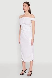 Womens Toggle Drawstring Off The Shoulder Crop Top, White, Size L