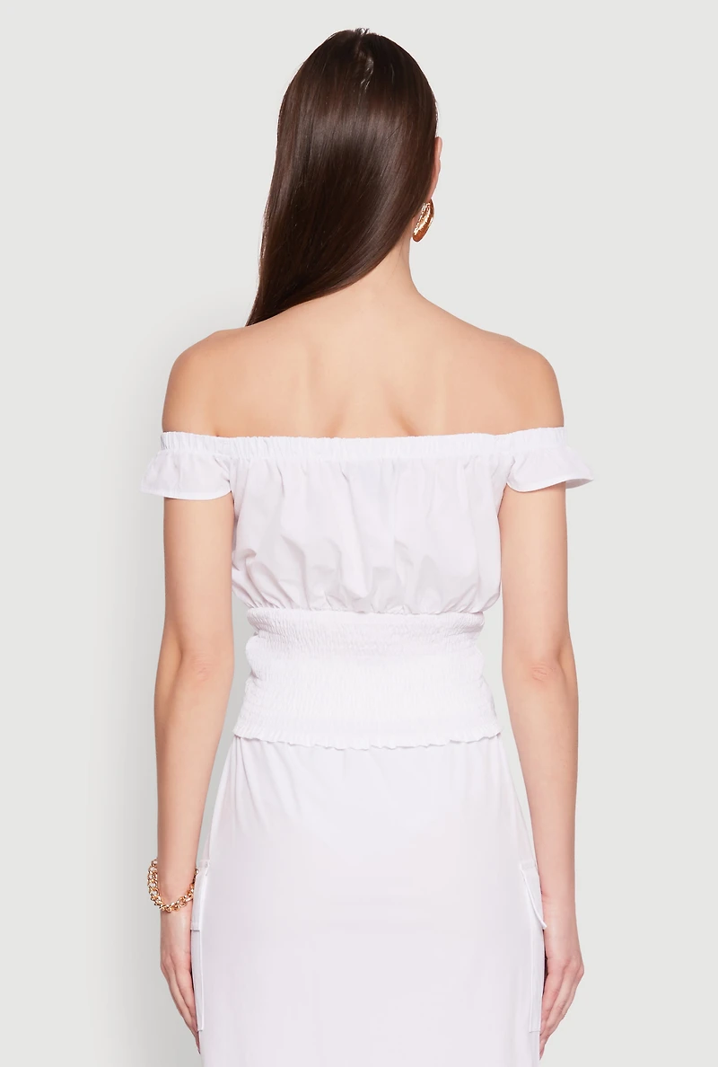 Womens Toggle Drawstring Off The Shoulder Crop Top, White, Size M