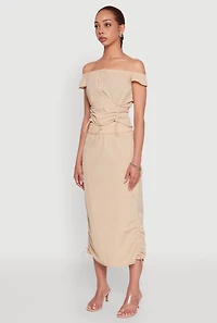 Womens Toggle Drawstring Off The Shoulder Crop Top, Beige, Size M