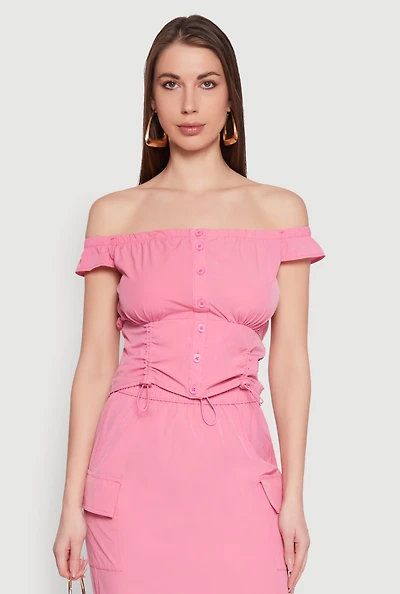 Womens Toggle Drawstring Off The Shoulder Crop Top, Pink, Size S