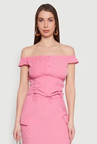 Womens Toggle Drawstring Off The Shoulder Crop Top, Pink, Size S