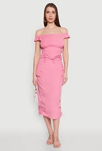 Womens Toggle Drawstring Off The Shoulder Crop Top, Pink, Size S