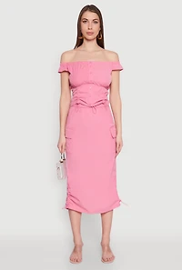 Womens Toggle Drawstring Off The Shoulder Crop Top, Pink, Size S