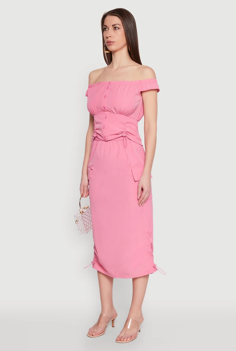 Womens Toggle Drawstring Off The Shoulder Crop Top, Pink, Size S