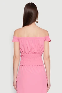 Womens Toggle Drawstring Off The Shoulder Crop Top, Pink, Size S