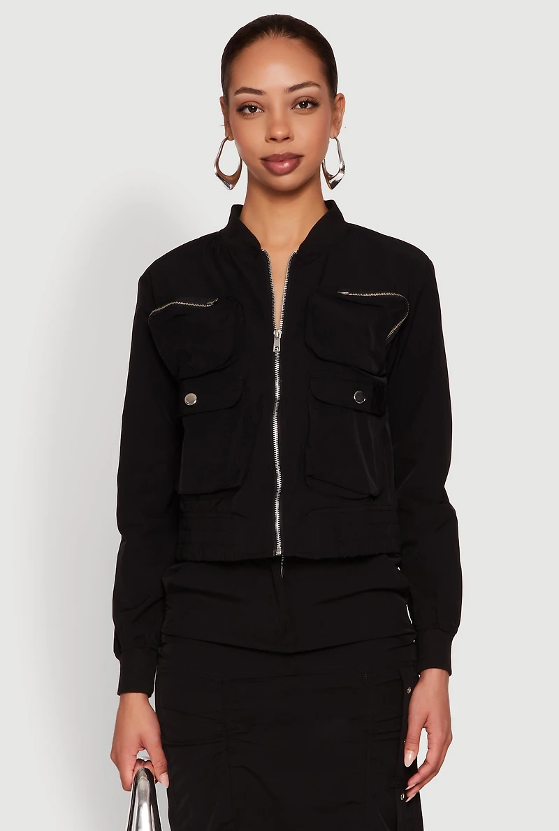 Womens Cargo Pocket Windbreaker Bomber Jacket,