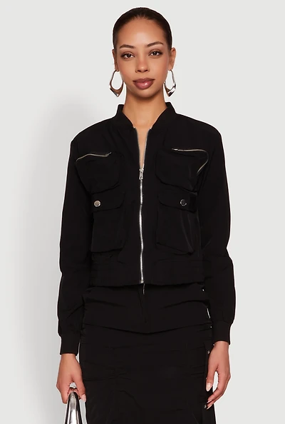 Womens Cargo Pocket Windbreaker Bomber Jacket,