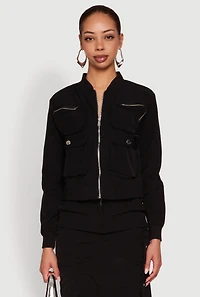 Womens Cargo Pocket Windbreaker Bomber Jacket,