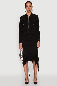 Womens Cargo Pocket Windbreaker Bomber Jacket, Black, Size S