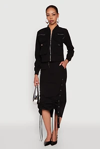 Womens Cargo Pocket Windbreaker Bomber Jacket, Black, Size S