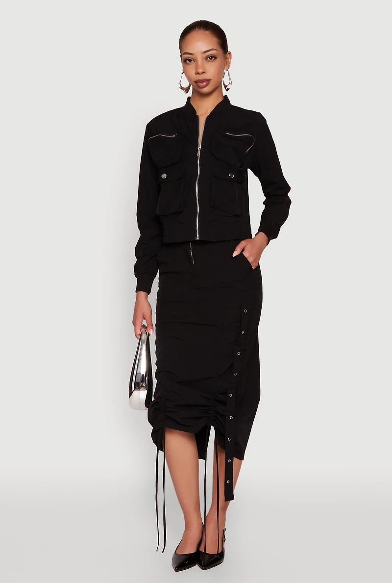 Womens Cargo Pocket Windbreaker Bomber Jacket,