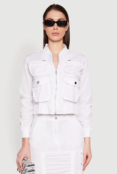 Womens Cargo Pocket Windbreaker Bomber Jacket, White, Size XL