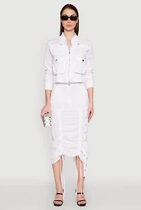 Womens Cargo Pocket Windbreaker Bomber Jacket, White, Size S