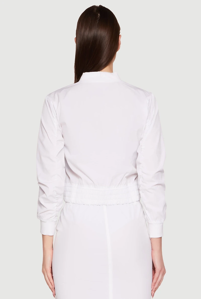 Womens Cargo Pocket Windbreaker Bomber Jacket, White, Size S