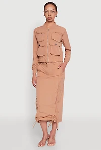 Womens Cargo Pocket Windbreaker Bomber Jacket, Beige, Size S