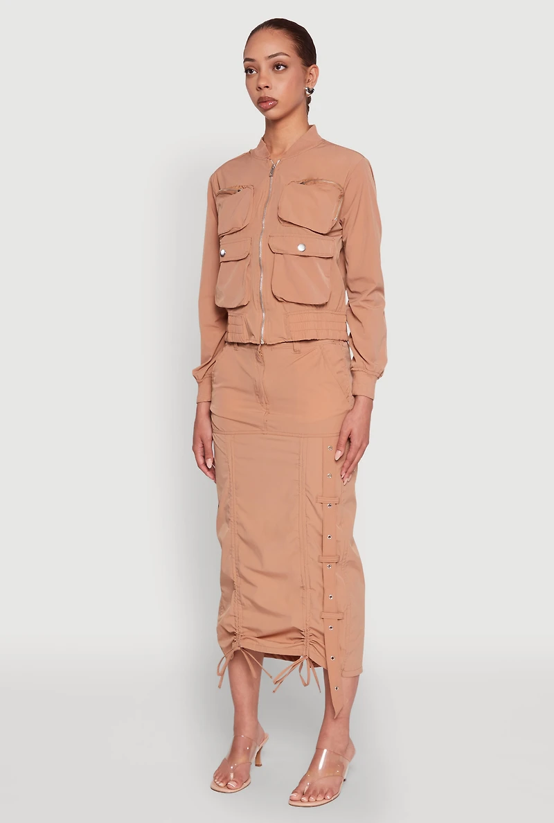 Womens Cargo Pocket Windbreaker Bomber Jacket, Beige, Size S