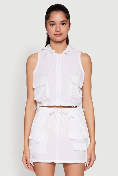 Womens Nylon Utility Zip Front Hooded Top, White, Size S