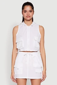 Womens Nylon Utility Zip Front Hooded Top, White, Size S