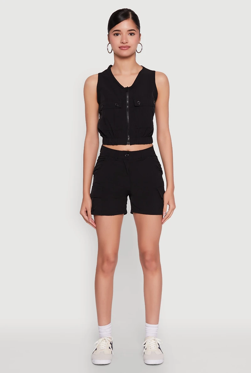 Womens Sleeveless Cargo Pocket Crop Top, Black, Size S