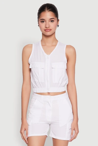 Womens Sleeveless Cargo Pocket Crop Top, White,