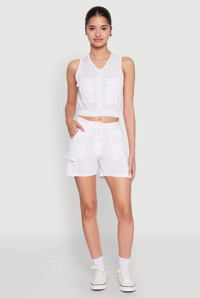 Womens Sleeveless Cargo Pocket Crop Top, White, Size M
