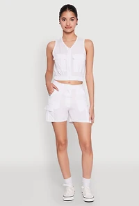 Womens Sleeveless Cargo Pocket Crop Top, White, Size XL