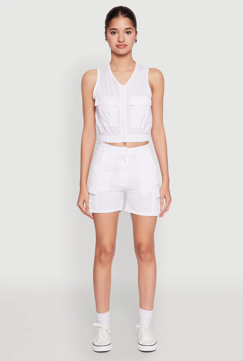 Womens Sleeveless Cargo Pocket Crop Top, White, Size M