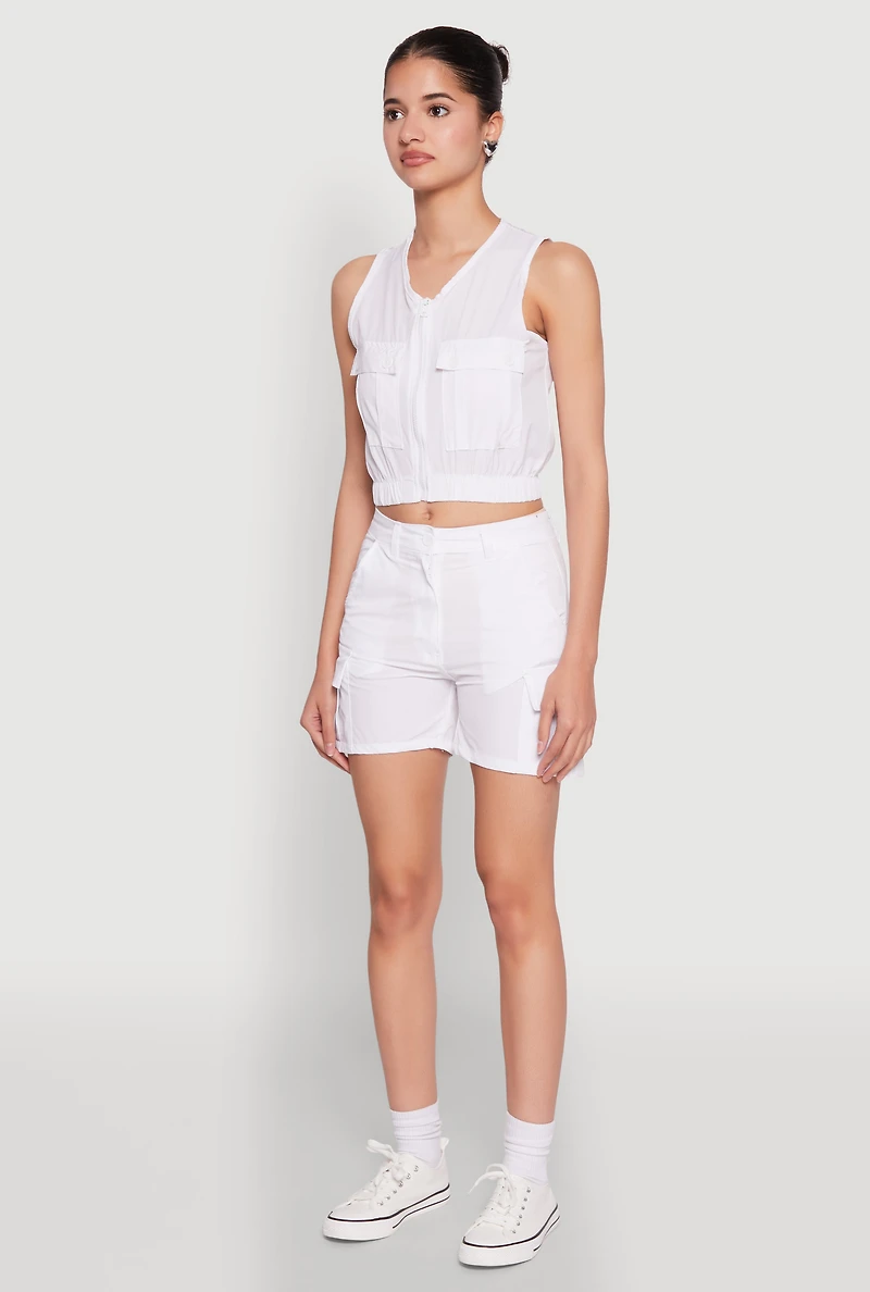 Womens Sleeveless Cargo Pocket Crop Top, White, Size XL