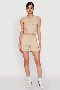 Womens Sleeveless Cargo Pocket Crop Top, Beige, Size M