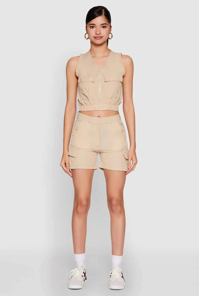 Womens Sleeveless Cargo Pocket Crop Top, Beige, Size M