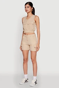 Womens Sleeveless Cargo Pocket Crop Top, Beige, Size M