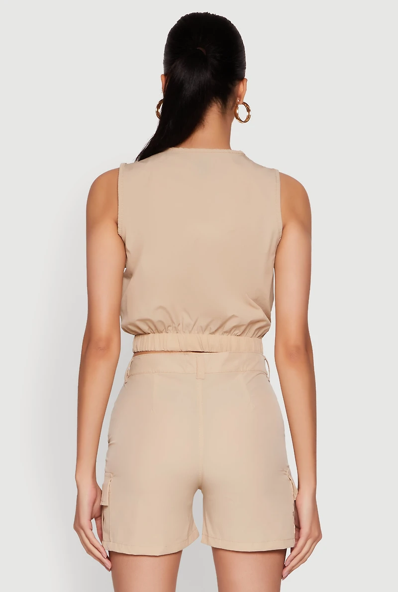 Womens Sleeveless Cargo Pocket Crop Top, Beige, Size M