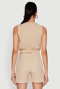 Womens Sleeveless Cargo Pocket Crop Top, Beige, Size M