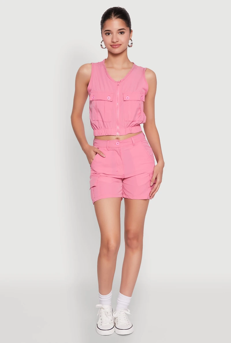 Womens Sleeveless Cargo Pocket Crop Top, Pink, Size S