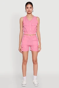 Womens Sleeveless Cargo Pocket Crop Top, Pink, Size S