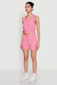 Womens Sleeveless Cargo Pocket Crop Top, Pink, Size S
