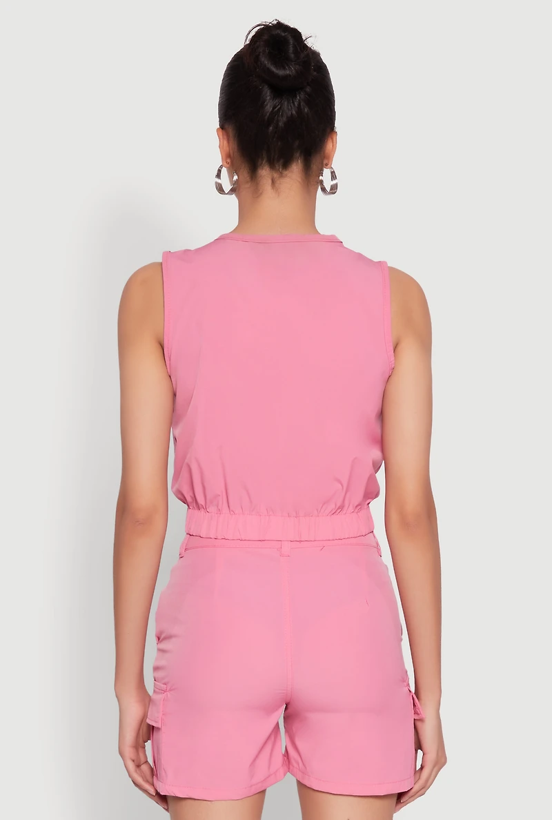 Womens Sleeveless Cargo Pocket Crop Top, Pink, Size S