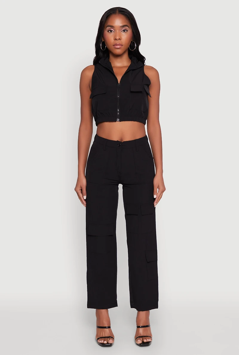 Womens High Waisted Wide Leg Stretch Cargo Pants, Black, Size S