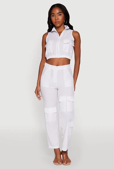 Womens High Waisted Wide Leg Stretch Cargo Pants, White, Size L