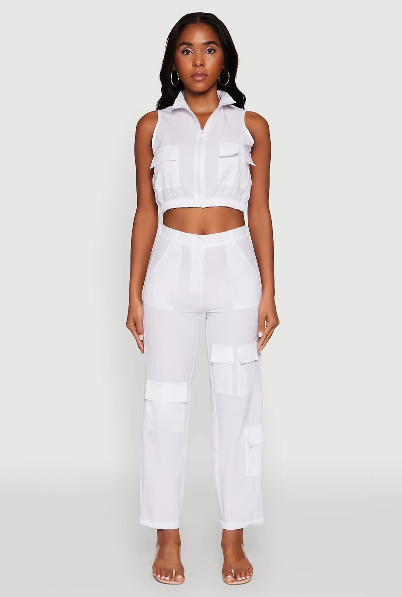 Womens High Waisted Wide Leg Stretch Cargo Pants, White, Size L