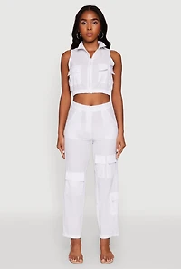 Womens High Waisted Wide Leg Stretch Cargo Pants, White, Size L