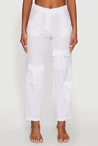 Womens High Waisted Wide Leg Stretch Cargo Pants, White, Size L
