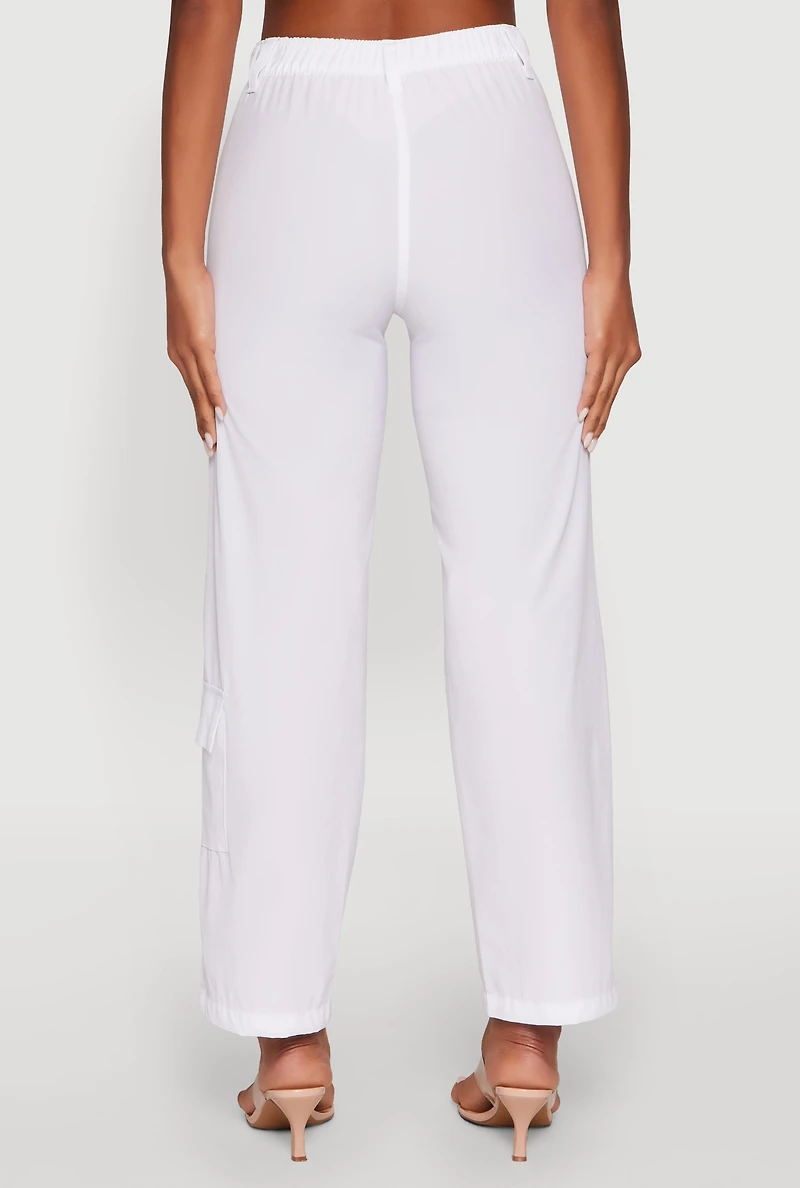 Womens High Waisted Wide Leg Stretch Cargo Pants, White, Size L