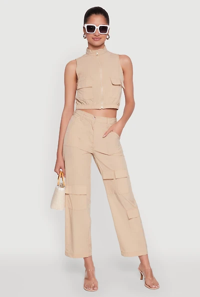 Womens High Waisted Wide Leg Stretch Cargo Pants,