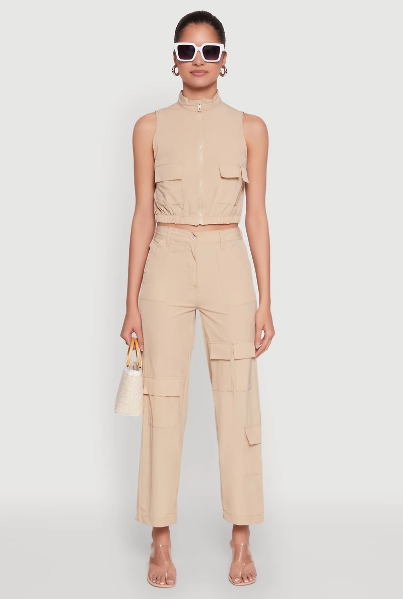 Womens High Waisted Wide Leg Stretch Cargo Pants,