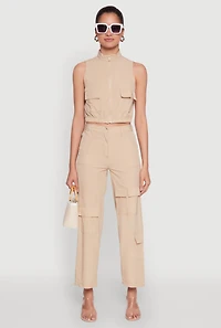 Womens High Waisted Wide Leg Stretch Cargo Pants,