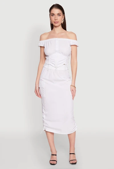 Womens Toggle Drawstring Hem Midi Cargo Skirt, White, Size M