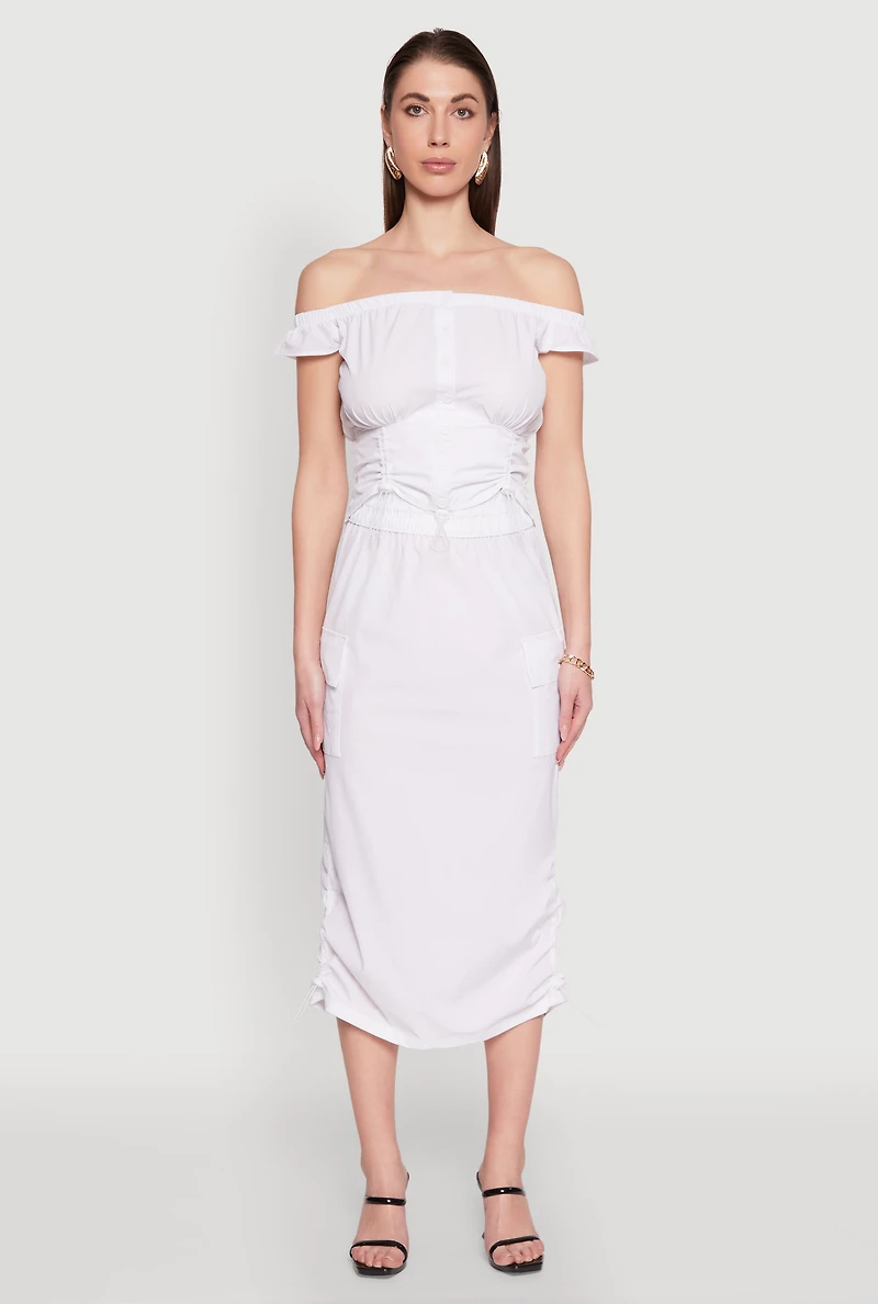 Womens Toggle Drawstring Hem Midi Cargo Skirt, White, Size S