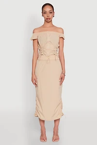Womens Toggle Drawstring Hem Midi Cargo Skirt, Khaki, Size S