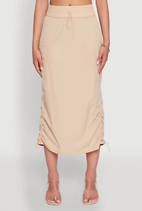 Womens Toggle Drawstring Hem Midi Cargo Skirt, Khaki, Size S